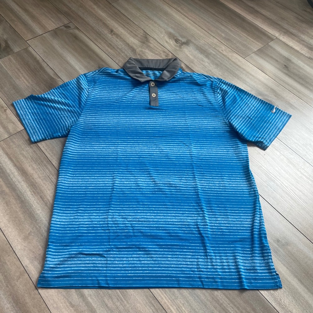 Nike Golf Mens Large Blue Striped Dri-Fit Short Sleeve Polo Shirt‎ L Bin F-7